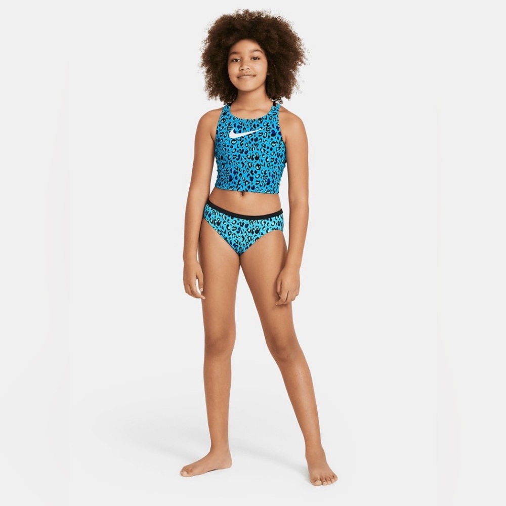 Nike Swim Kids' Blue Cheetah Spiderback Midkini Set.